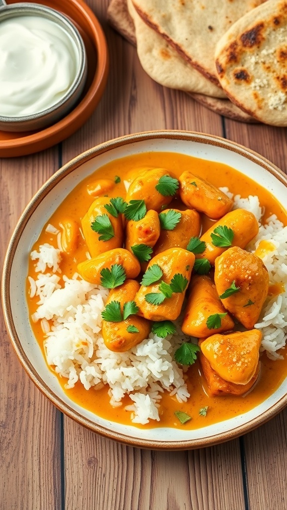 A plate of curry chicken with rice and cilantro, accompanied by naan and yogurt sauce.